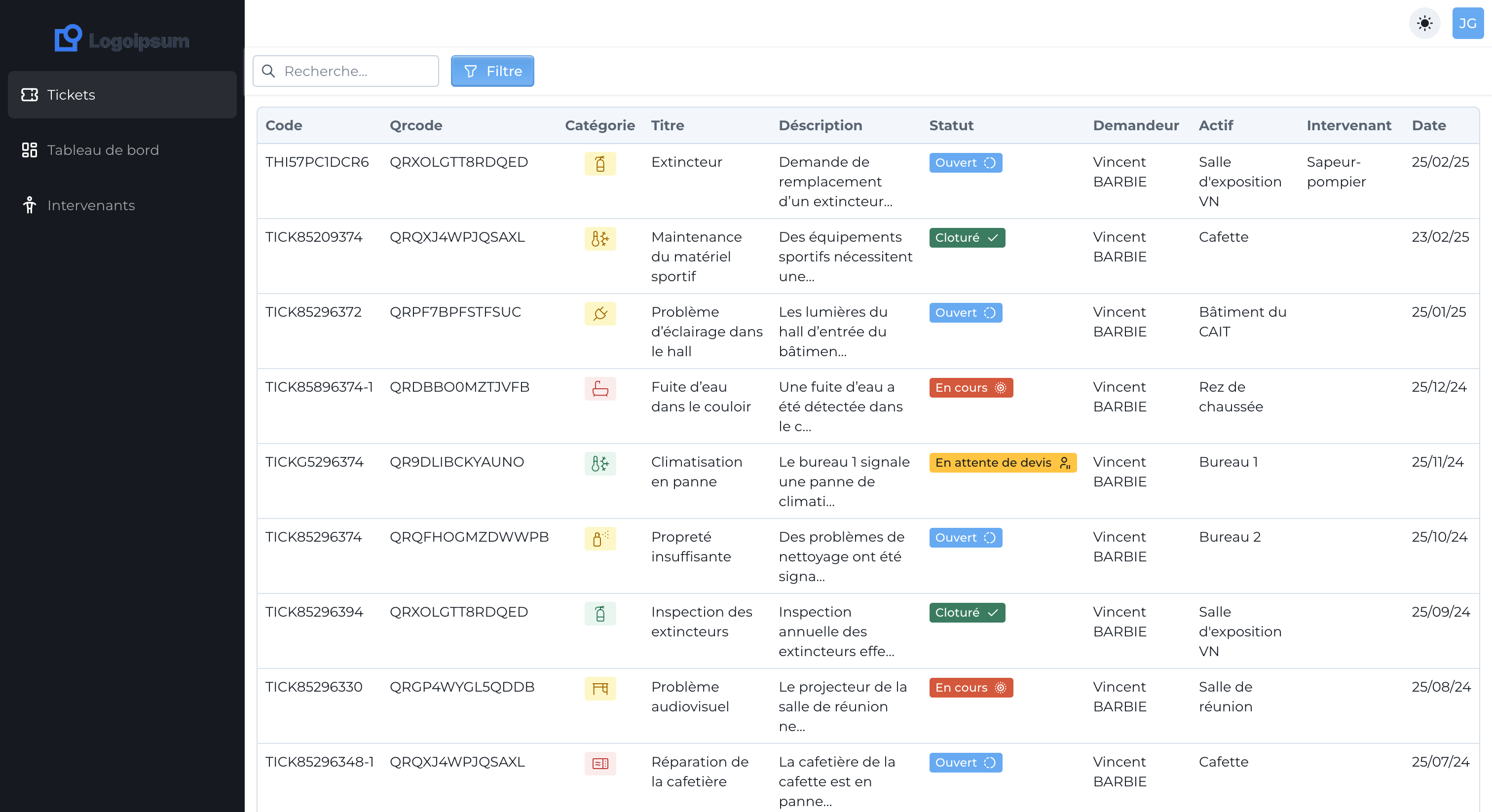 Liste de tickets